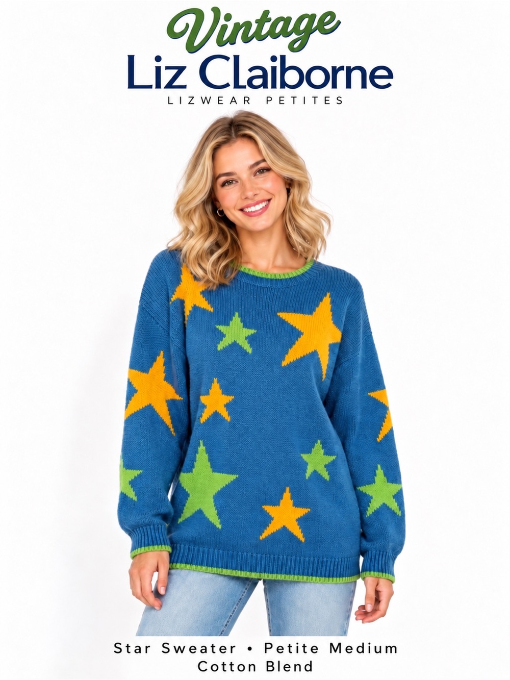 Lizwear Petites Vintage Star Sweater Blue Green Yellow Cotton Blend Cozy Knit M